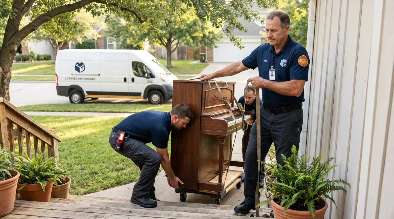 Licensed piano movers securing grand piano in Milan, OH