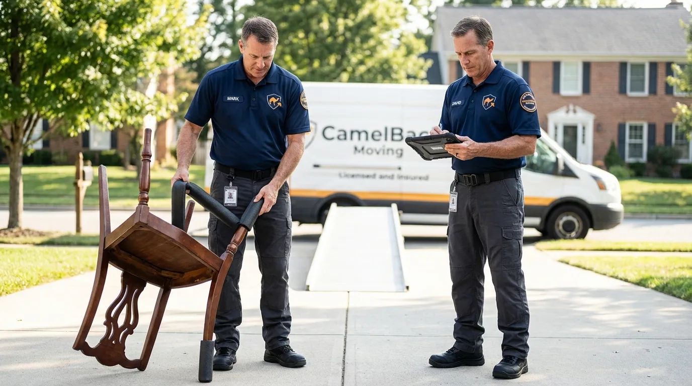 Movers inspecting furniture for damage prevention before loading in Milan, OH