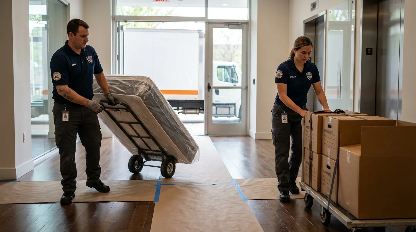 Professional apartment movers loading elevator in Milan, OH